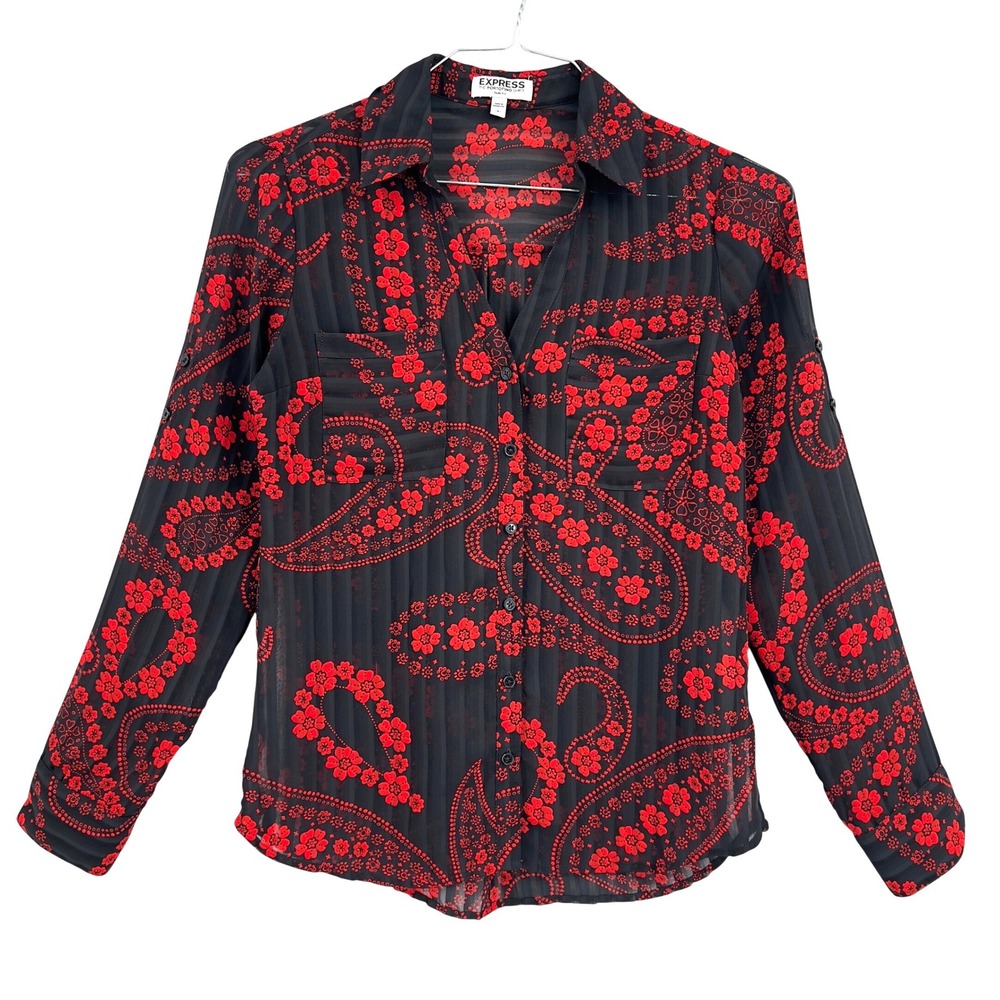 Express Womens S Portofino Shirt Black Red Paisley Floral Slim Fit Romantic Goth